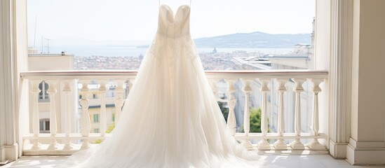 White wedding dress hung on balcony