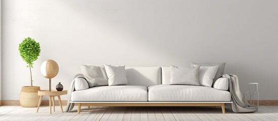 Scandinavian interior design of a contemporary white room with a sofa depicted in