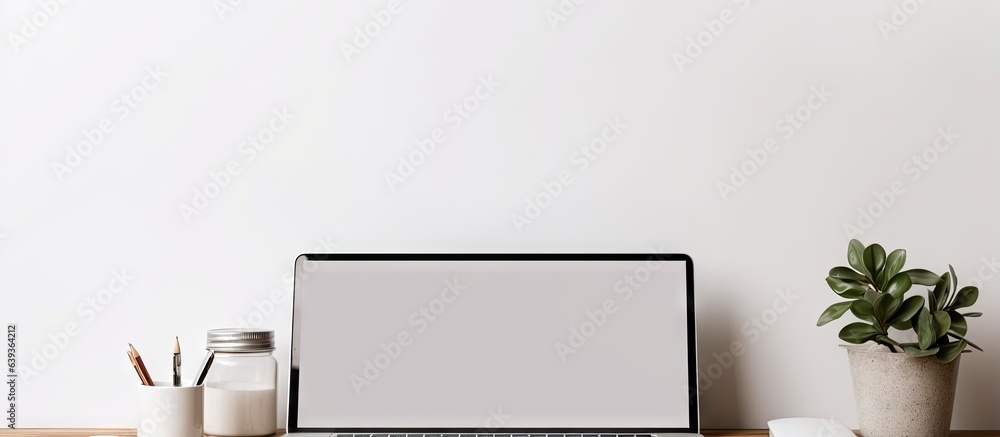 Poster blank screen on white table with mouse and smartphone in home or office setting