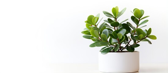 Green leafy plant growing in pot with white background and copy space as viewed from above