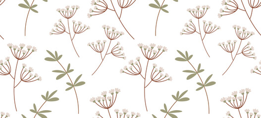 Floral seamless background. Wildflowers in flat style. Background from the herbarium. Delicate pastel colors. Background, wallpaper, textiles, printing.