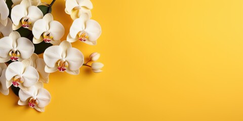 flowers on a white orchid branch on a yellow background, space for text, Generative AI