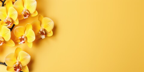 Yellow lily flowers on yellow background, space for text or product. Generative AI - Powered by Adobe