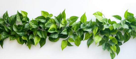 Decorative green leaves on a white wall background