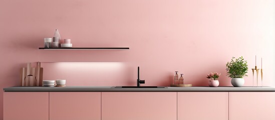 a pink minimalistic kitchen with built in sink and stove cooking appliances and cabinets above