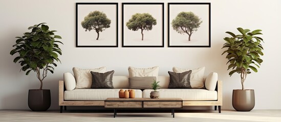 Beige sofa ficus and black table in living room with white wall displaying poster gallery