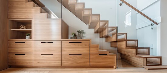 Luxury contemporary interior design in a multi storey home with sleek wooden stairs and custom cabinets under them for storage - obrazy, fototapety, plakaty