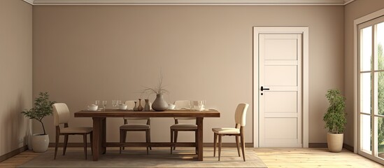 Rendered dining room featuring a wooden table and door in a beige color scheme