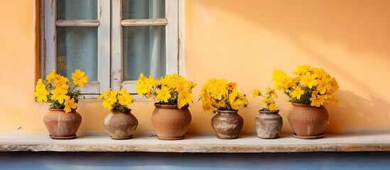 yellow flower pots on a windowsill