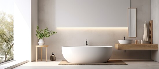 Fototapeta na wymiar Luxurious contemporary bathroom exhibit featuring a sleek tub and shower