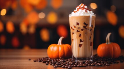 Fototapeta na wymiar a glass of coffee cream cold brew latte halloween drink autumn fall on a wooden table
