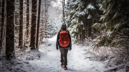 Fototapeta na wymiar Female hiker, full body, view from behind, walking through a snowy forest