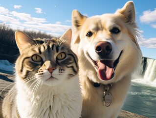 A cute dog and cat both smiles while taking a selfie together in front of Niagara Falls