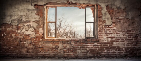 An aged window in a cracked brick structure
