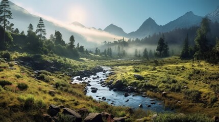 Fototapeta na wymiar Beautiful summer landscape with river, forest and sunset. 3d render
