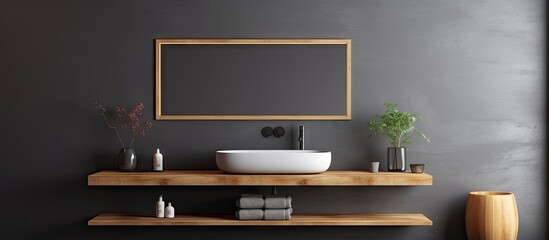 a fashionable bathroom with dark gray walls wooden floor white sink on a stone shelf and a big mirror above it