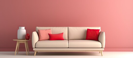ed isolated beige sofa with red pillow in front view