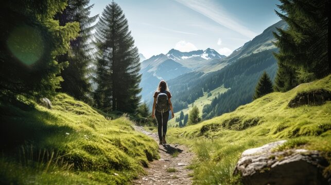 Female hiker, full body, view from behind, walking on a trail in the alps
