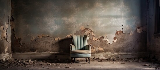 An old room with broken walls and a chair filled with dust and neglect