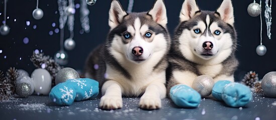 Women wearing socks decorated with Husky dogs with blue eyes along with festive New Year s and Christmas ornaments as well as bullets and presents