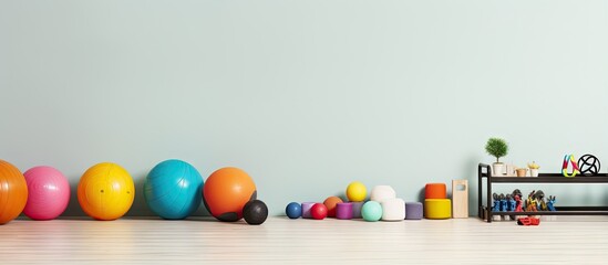 Various athletic gear and exercise balls beside illuminated wall