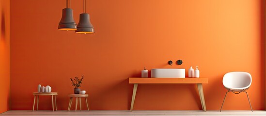 Minimalist bathroom with plaster walls parquet floor sink mirror chair pendant lamps Orange interior design concept with copy space template mock up illustration
