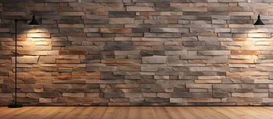 Decorative background for modern office with wooden floor and empty stone wall