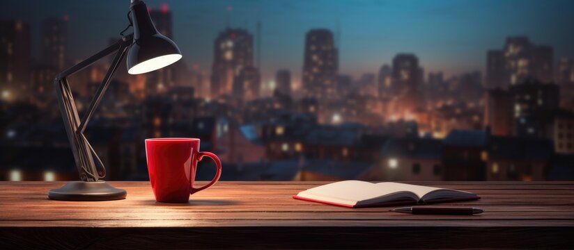 Red lamp colored pencils coffee cup on wooden table with bokeh city background interior still life