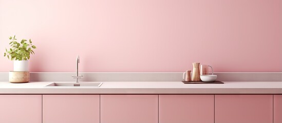 a pink minimalistic kitchen with built in sink and stove cooking appliances and cabinets above