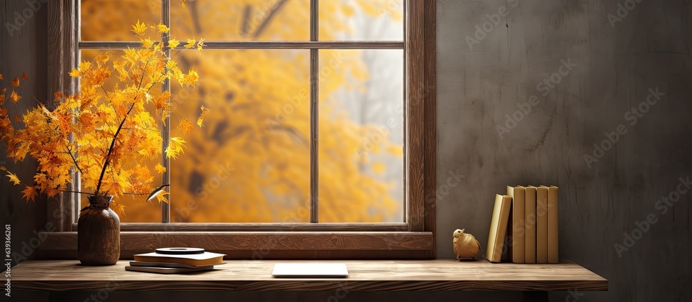 Poster empty desk with autumn themed window background
