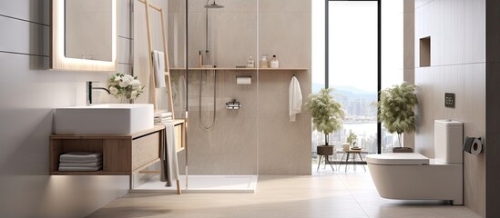 Modern ed residential bathroom with washstand toilet and shower