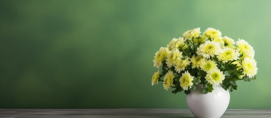Fototapeta na wymiar Green chrysanthemums in vase on table in room exuding beauty