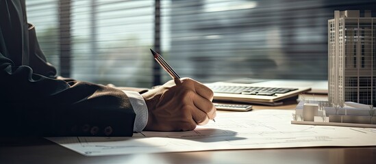 Architect pointing with blueprint in office