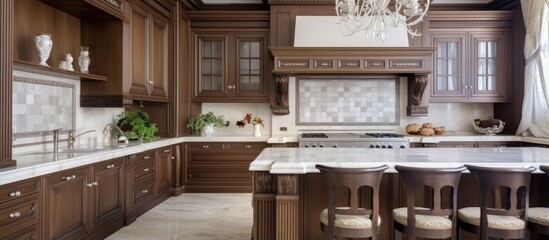 Cabinets made with wood and marble design in the kitchen