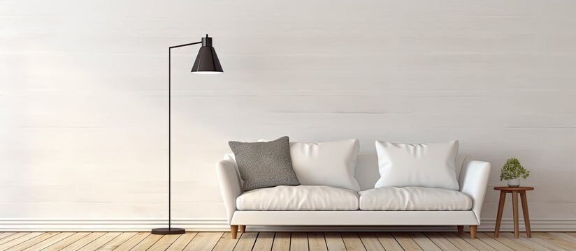 White wall interior with a white couch and black lamp on wooden flooring depicted in a ing