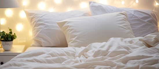 Fototapeta na wymiar Cozy bedroom with white bedding and lamp decor