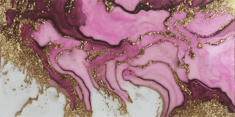  Abstract fluid art painting made in alcohol ink technique pink purple white colors gold paints.Imitation of marble stone cut,glowing glitter golden foil veins.Tender dreamy design.