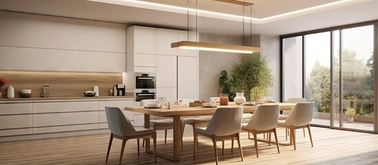 Fototapeta premium Contemporary style connects interior light dining room and kitchen