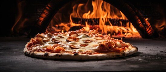 Blazing fire inside oven used for pizza