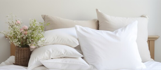 Several pillows and a white blanket adorn a bed adding decoration to the image