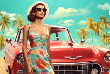 pop art collage of a brunette model girl with peculiar sunglasses on a palm tree summer beach vibe  and a vintage car background, colorful abstract theme concept