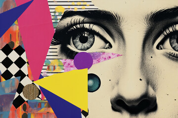 pop art style collage of eyes and different  colorful shapes, retro vintage mood wallpaper banner, abstract theme concept social network use