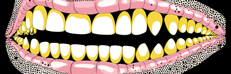 mouth textured in wallpaper banner type design, pop art style, grunge colorful mood, abstract surreal concept theme