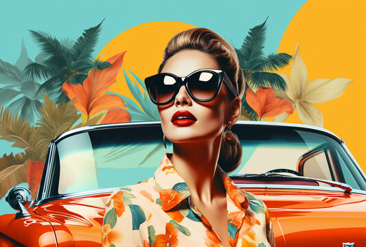 pop art collage of a brunette model girl with peculiar sunglasses on a palm tree summer beach vibe  and a vintage car background, colorful abstract theme concept