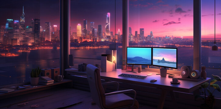 a beautiful skyline view at night from retro futuristic home office with multiple computer screen, home working/gaming location