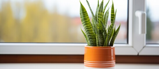 Sansevieria parva in a clay flower pot on a windowsill Home plant care in a modern apartment