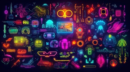 Neon Background with Technology Icons. AI generated