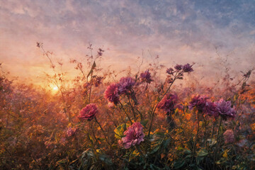 Piękne widoki na krajobrazy zawierające  mchy porosty i kwiaty w zbliżeniu w promieniach zachodzącego słońca. Lato w pełni. - obrazy, fototapety, plakaty