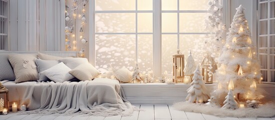 Festive interior room with holiday decorations and a bed on the window sill