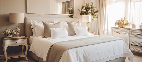 Hotel room with a mirror showcasing a serene and cozy bedroom decorated in gentle tones and predominantly white featuring a well arranged bed